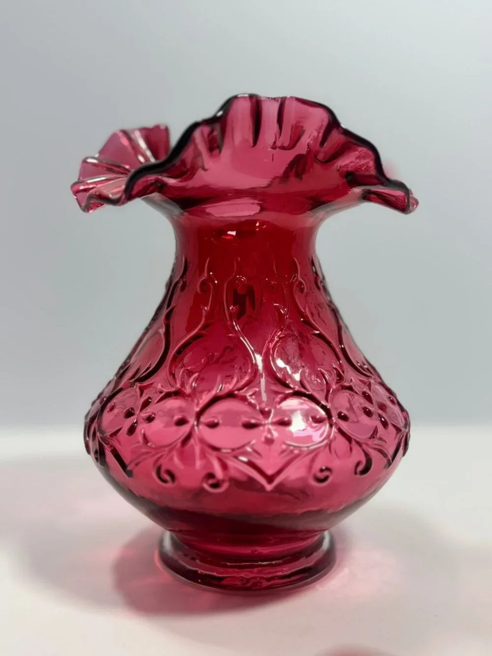 Fenton Vintage Cranberry Glass Heart & Vine Embossed Vase Double Crimped Ruffled